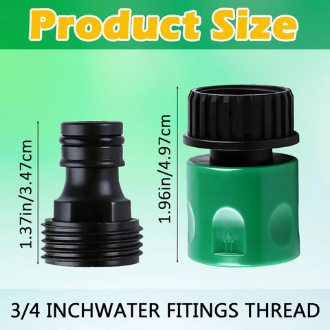 Six Sets Garden Hose Quick Connectors, 3/4 Inch Plastic Hose Fittings, black and green connectors with size dimensions