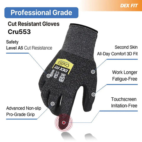 Extreme Cut Resistant Gloves Level 5 ANSI EN 388 Protection Non Slip Power Grip Thin Lightweight Fit Touchscreen Compatible