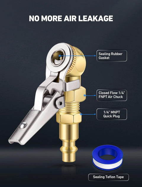 2 Pack Closed Ball Tire Chuck With Clip Hands Free Locking Valve Nozzle One Quarter Inch FNPT Quick Plug detail image