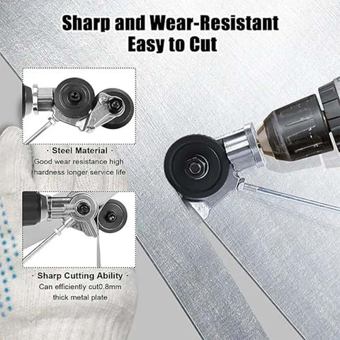 Close-up of Two Pack Electric Drill Plate Cutter Attachment 2024 cutting metal sheet, showing sharp nibbler and drill connectivity.