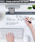 Clear Glass Desk Whiteboard With Storage Tray And All In One Desktop Organizer For To Do Lists Memo Notepad Dry Erase Board A Real Game Changer For Quick Memos Meetings Home Office And School Use Gray Finish on desk with notes and pen