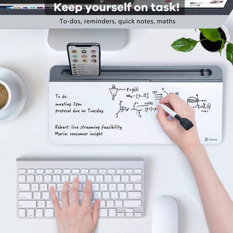 Clear Glass Desk Whiteboard With Storage Tray And All In One Desktop Organizer For To Do Lists Memo Notepad Dry Erase Board A Real Game Changer For Quick Memos Meetings Home Office And School Use Gray Finish on desk with notes and pen