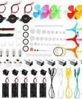 Kids DIY DC Motor Kit With 131 Pieces And 66 Gears Six Pack Bundle 1.5 To 3 Volt Mini Motors Up To 15000 RPM displayed components