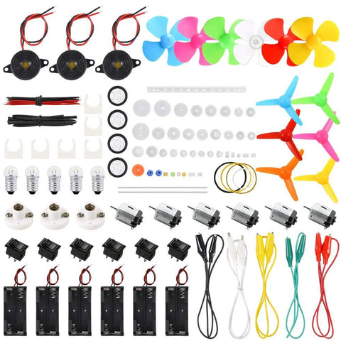 Kids DIY DC Motor Kit With 131 Pieces And 66 Gears Six Pack Bundle 1.5 To 3 Volt Mini Motors Up To 15000 RPM displayed components