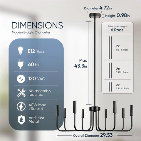 Dimensions of Killer 8 Light Black Chandelier With Dang Sharp Matte Finish For Farmhouse Dining Room And Kitchen Island.