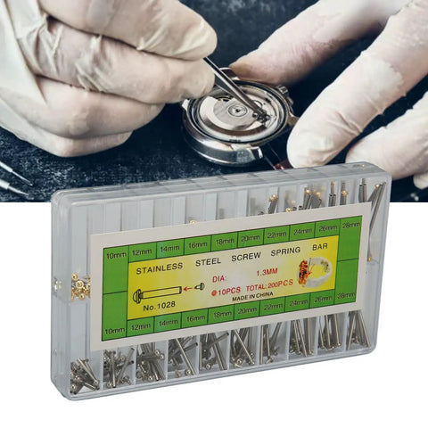 200 Pcs Watch Screw Tube Kit With 10 Sizes 1.3mm Width, storage box and tool for strap changes, gold and silver, connection rod screws