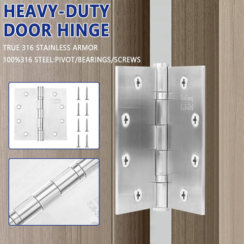 316 Stainless Steel Marine-Grade Door Hinges 4.5x4.5 Inches, Heavy Duty Ball Bearing Exterior Outswing Hinges, Rust Proof In High Salt Coastal Environments, Non Removable Pin, 3 Pack XinSheng, shown installed on a door edge