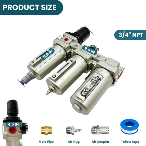 Heavy Duty 3/4 Inch NPT Industrial Air Drying System With Three Stage Filtration, auto drain, components shown