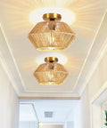 Boho Woven Rattan Ceiling Light Fixture With Handwoven Cage, Semi Flush Mount, Natural Brown Rattan, Antique Brass Base