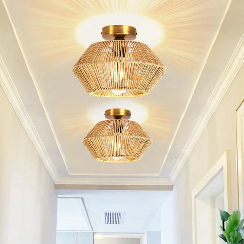 Boho Woven Rattan Ceiling Light Fixture With Handwoven Cage, Semi Flush Mount, Natural Brown Rattan, Antique Brass Base