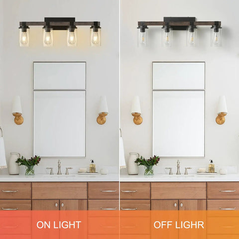 Rustic Black Four Light Vanity Wall Light Sconces Over Mirror, On and Off View, Wood Finish Industrial Vintage Look for Bathroom