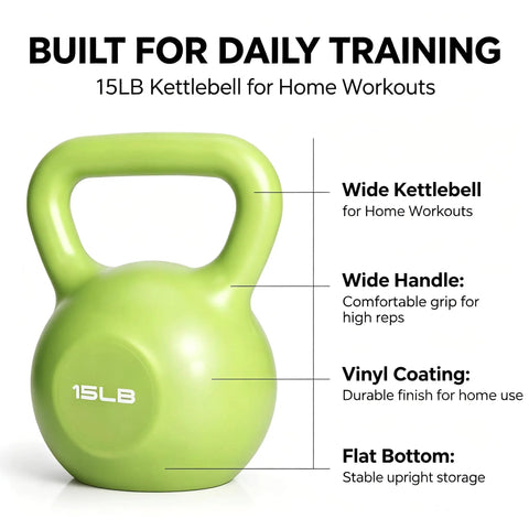 15 Pound Kettlebell For Strength Training And Full Body Toning, Vinyl Coated Iron Sand Fill Kettlebell with easy grip shown