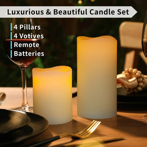 Ivory Real Wax Flameless Candles Bundle With Remote And Timer Adjustable Brightness Battery Operated Pillars And Votives 8 Pack