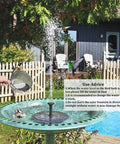 Solar Fountain Pump 1.5W Upgraded Submersible Water Panel Kit with 4 Nozzles in bird bath setup, garden background.