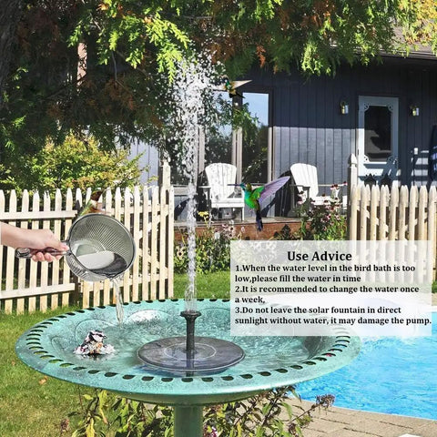 Solar Fountain Pump 1.5W Upgraded Submersible Water Panel Kit with 4 Nozzles in bird bath setup, garden background.