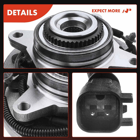 Front Wheel Bearing And Hub Assembly With ABS For Ford F 150 2010 2014 7 Lug 4WD AWD Replacement Direct Fit For Heavy Duty Payload Package And Everyday Driving Smooth Handling And LongLasting Reliability, close-up view of bearing, hub, and ABS connector.
