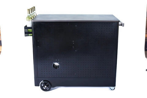 Side view of Large 48 Inch Stainless Steel Outdoor Kitchen Island On Wheels With Ceramic Top Rolling Bar Cart Grill Station