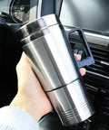 Zero Drama 12V And 24V Ride Along Electric Kettle Straight For Your Center Console Food Grade Steel Vessel held in hand inside car.