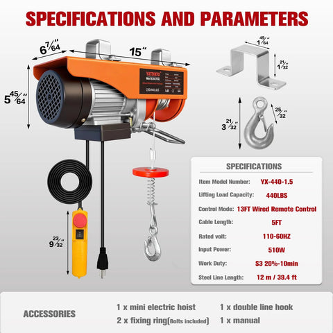 Electric hoist with remote control, orange and black housing, 440LBS capacity, 510W motor, zinc-plated steel wire and hook