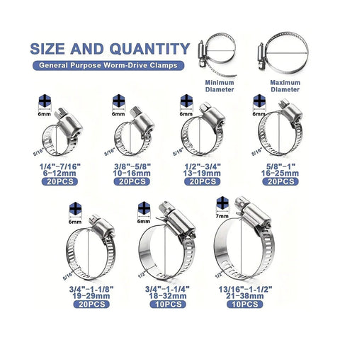 120 Pack Premium Stainless Steel Worm Drive Hose Clamps Fits 1/4 To 1.5 Inch Sizes For Garden Hoses And Plumbing Jobs With Durable Corrosion Resistant Build, size chart