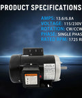 1 HP Dual Voltage Electric Motor Built For Farm Duty, 1725 RPM, 115V/230V Single Phase CW CCW, 56 Frame, specifications displayed