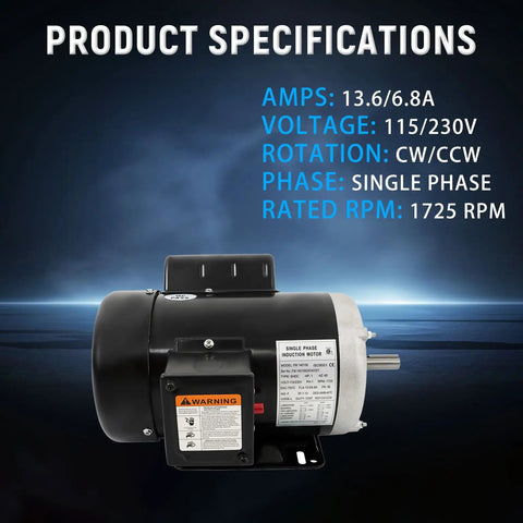 1 HP Dual Voltage Electric Motor Built For Farm Duty, 1725 RPM, 115V/230V Single Phase CW CCW, 56 Frame, specifications displayed