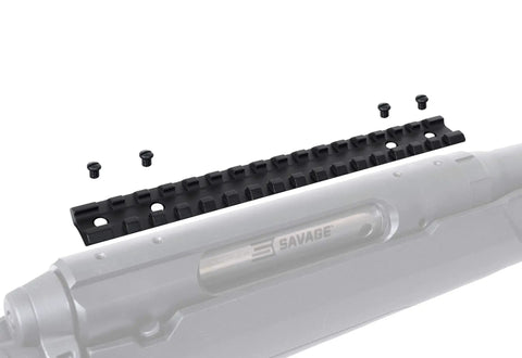 Savage Axis Picatinny Rail Mount 0 MOA with screws for Axis generations, ready for scopes and accessories on rifle receiver.