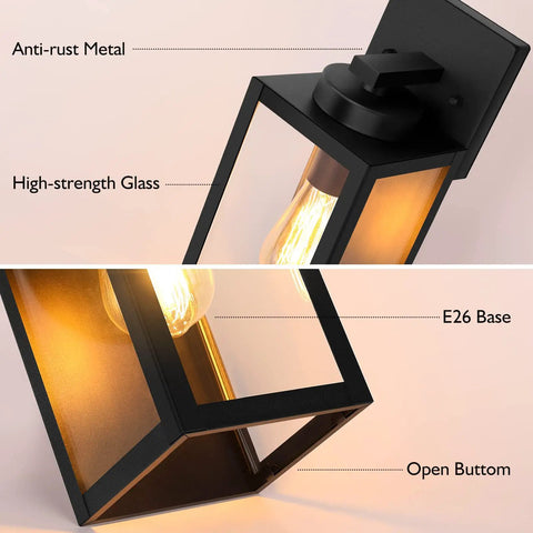 All Weather Outdoor Wall Mount Light Fixture With Glass Shade, Waterproof Exterior Lantern In Matte Black Finish details