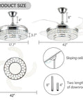 42 Inch Retractable Ceiling Fan With Bright Lights, Smooth App Controlled Crystal Chandelier dimensions and features diagram