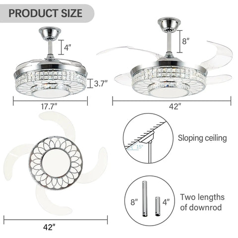 42 Inch Retractable Ceiling Fan With Bright Lights, Smooth App Controlled Crystal Chandelier dimensions and features diagram