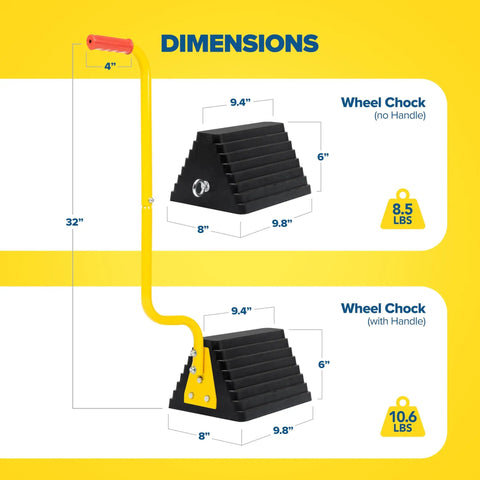 Extra Large Wheel Chock Two Pack Heavy Duty Molded Rubber For Trucks Trailers RVs And Large Freight Equipment Up To Forty Thousand Pounds Capacity Each No Handle shown with dimensions and weights