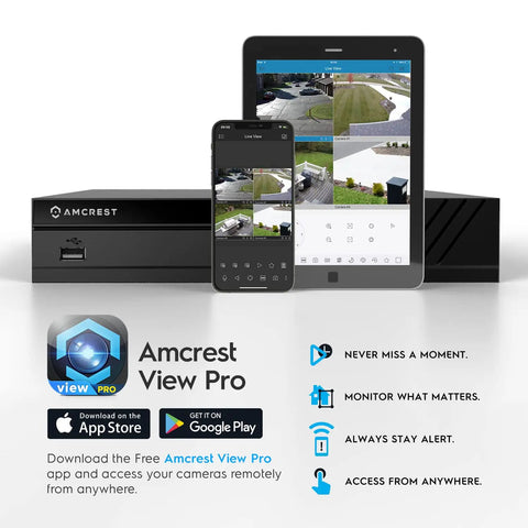 Eight Channel PoE NVR for 4K security cameras with real-time 30 FPS playback displayed with connected mobile devices