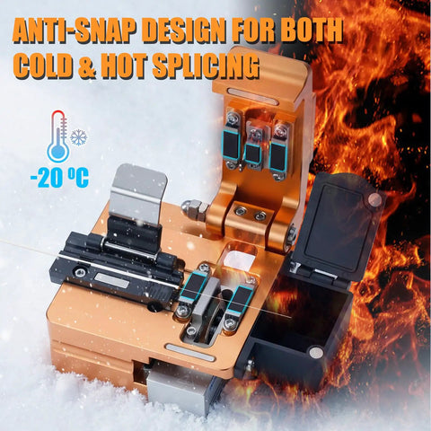 Workhorse S09 High Precision Optical Fiber Cleaver shown with ice and fire background, highlighting anti-snap design for splicing at -20°C.