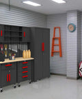 Six Piece Garage Storage Cabinet System with Locking Steel Cabinets Rolling Chest Pegboard Wall Cabinets and Workbench in Black