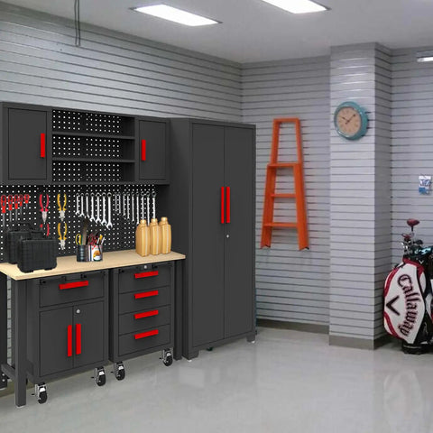 Six Piece Garage Storage Cabinet System with Locking Steel Cabinets Rolling Chest Pegboard Wall Cabinets and Workbench in Black