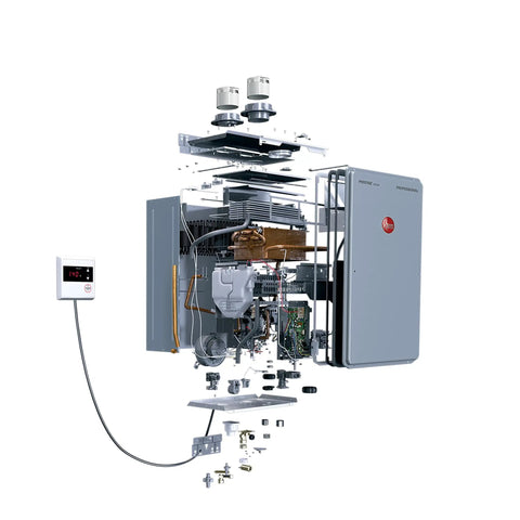 Exploded view of Skip The Clunky Tank For This High Efficiency Natural Gas Tankless Water Heater, showcasing internal components.