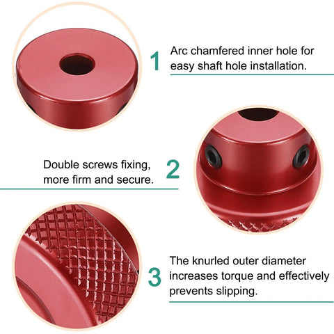 Aluminum Alloy Handwheel For Milling Machine Lathe 30mm OD 4mm Bore Red Handle With Wrench And Two Screws Secure Shaft Fixation Durable Tool Accessory showing arc chamfered hole, double screws, and knurled outer diameter