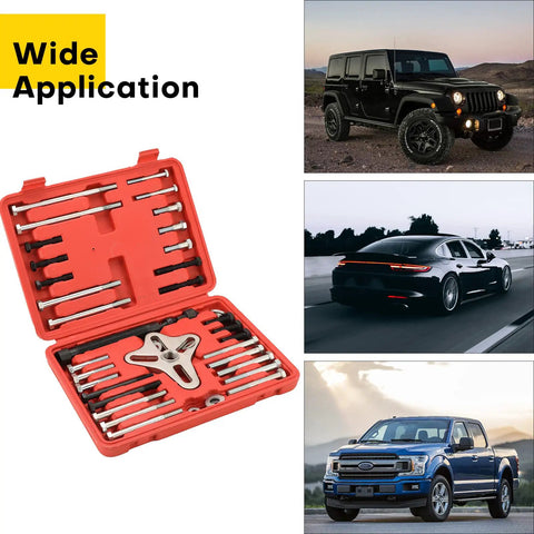 Pro Grade Heavy Duty 46 Piece Harmonic Balancer And Pulley Puller Kit open in red case with various bolts and tools