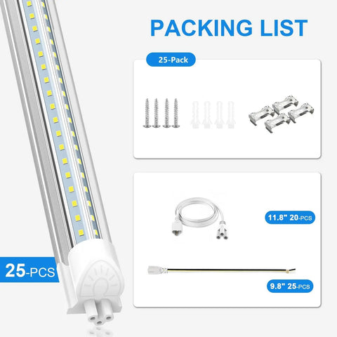Packing list for 25 Pack 5 Foot LED Shop Lights With V Shape Design, 50W 6750LM 6000K Cool White, showing accessories included