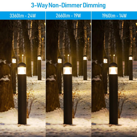 3-Way Non-Dimmer Dimming settings for 43 Inch Led Bollard Light Featuring Slick Beam Focus And Straight Up Adjustable Warm To Cool Temperature Settings For Top Notch Outdoor Yard Pathway Illumination And Heavy Duty Landscape Garden Accent Lighting.