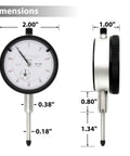 Front and side views of Clockwise Tools dial indicator with magnetic base, 0-1 inch range