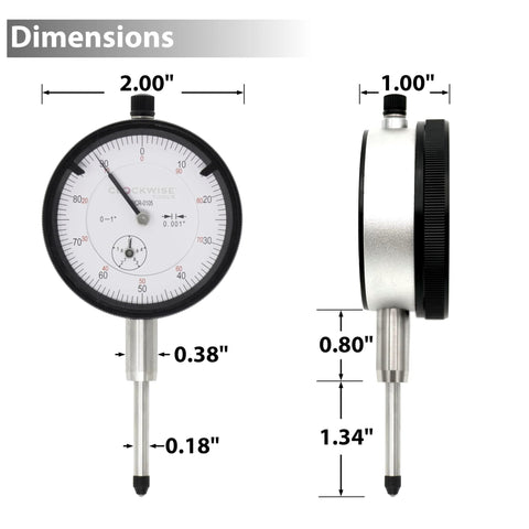 Front and side views of Clockwise Tools dial indicator with magnetic base, 0-1 inch range