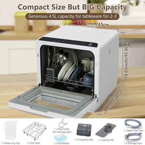 Lightweight Portable Countertop Dishwasher With Dual Water Modes And Five Custom Cycles Sleek Glass Viewer showing 4.5L capacity and parts.
