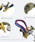 Heavy Duty Portable Gas Cutting Torch With Adjustable Speed Track showing shifting unit, cutting head, and gas lines.