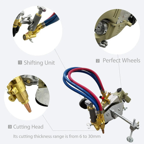Heavy Duty Portable Gas Cutting Torch With Adjustable Speed Track showing shifting unit, cutting head, and gas lines.
