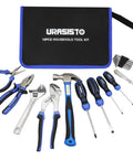 19 Piece Hand Tool Set With Easy Carrying Pouch For DIY And Home Maintenance Includes Hammer Pliers Magnetic Screwdrivers Hex Keys Adjustable Wrench And Voltage Tester For Everyday Fixes displayed with tools and black pouch.