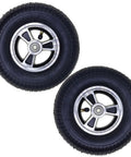 8 Inch X 2 Inch Wheelchair Caster Wheels With Slick Rolling Pneumatic Tires And Tough As Nails Aluminum Alloy Hubs for powered chairs, showing black tires and aluminum rims.