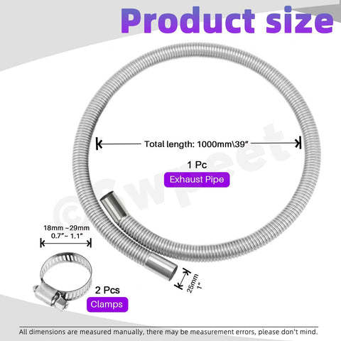 Diagram showing One Inch Stainless Steel Diesel Heater Exhaust Pipe Kit 39 Inch Long With Two Clamps 25mm Inner Diameter
