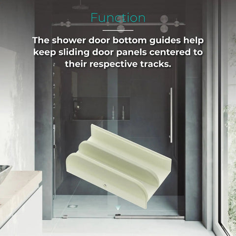 Heavy Duty Sliding Shower Door Bottom Guide With Mounting Screws For Top Hung Glass Doors And Tub Enclosures Sweet Glide Fix Foolproof Setup Includes Full Hardware Two Piece Home Bundle shown in a shower setting.