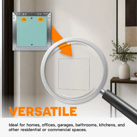 Straight Up Durable 8 X 8 Inch Drywall Access Panel Paintable Wall Repair Cover With Waterproof Aluminum Frame And Flush Mount Ceiling Hatch, shown in wall setting.